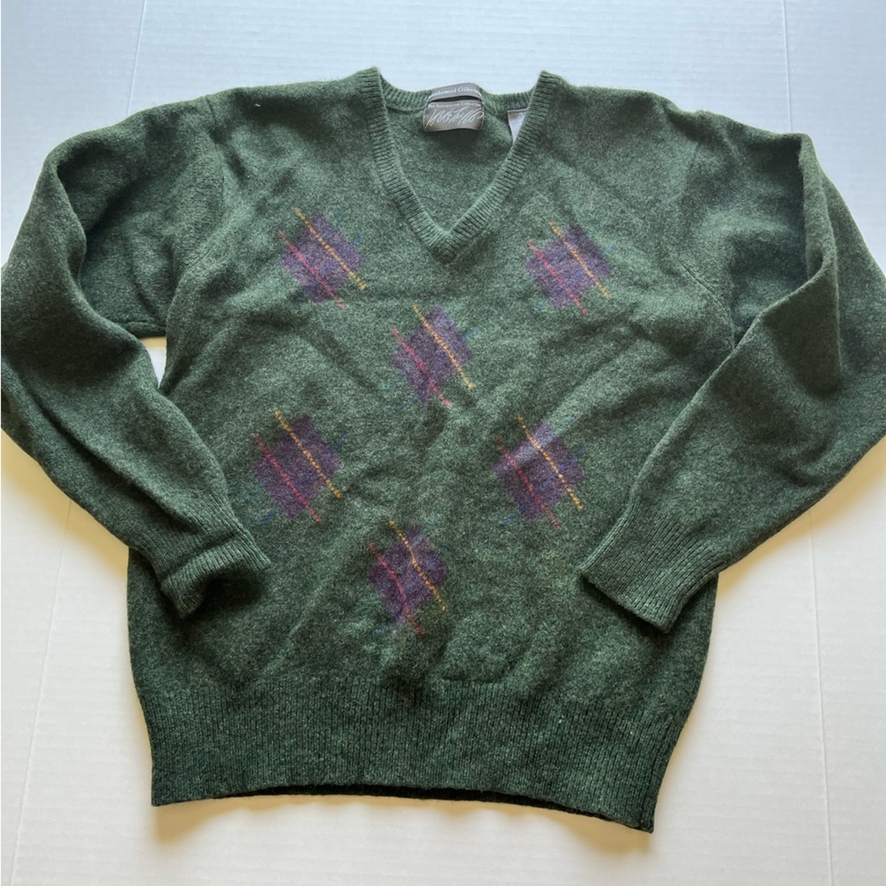 Lord & Taylor The Kensington Collection Lambswool Green Argyle V-Neck Sweater L - Picture 2 of 13